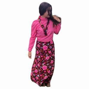 Handmade Vintage 1960s Hot Pink Floral Maxi Dress S Psychedelic Halloween